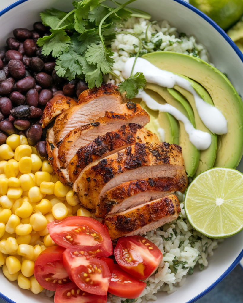 Grilled Chicken Burrito Bowls with Rice and Beans